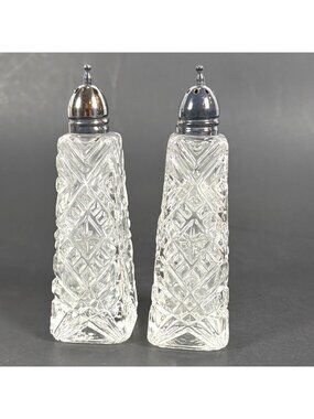VTG 50s Crystal Salt Pepper Shakers Heavy Cut Glass Diamond Pattern AS IS Parts